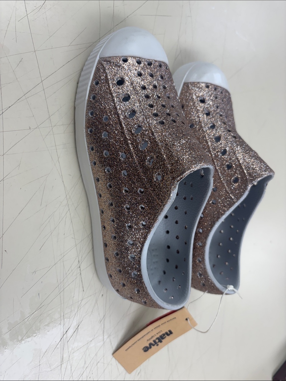 Native Glitter Slip-On Sneakers in Rose Gold and White